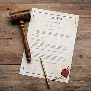 Last Will and Testament document with a gavel and pen on a wooden table